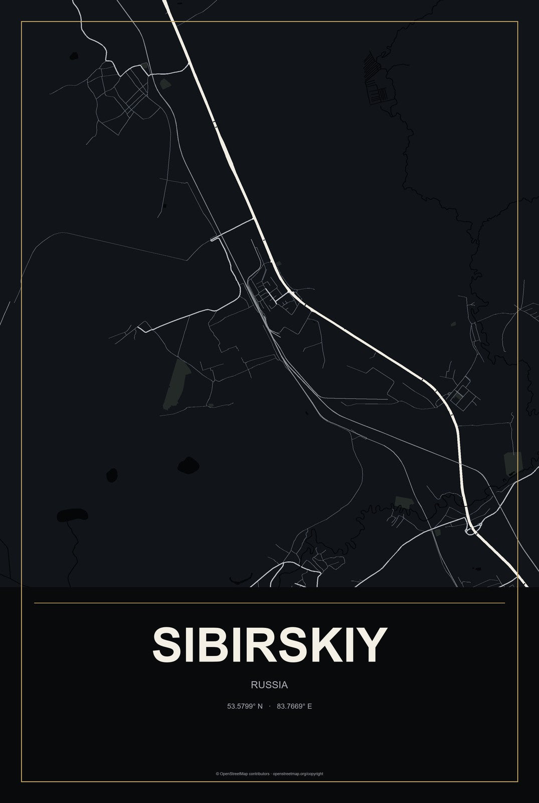 Sibirskiy, Russia City Map Aluminum Sign in Metropolitan Noir style