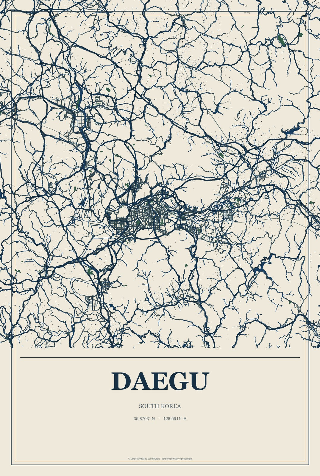 Daegu, South Korea City Map Aluminum Sign in Coastal Cutout style