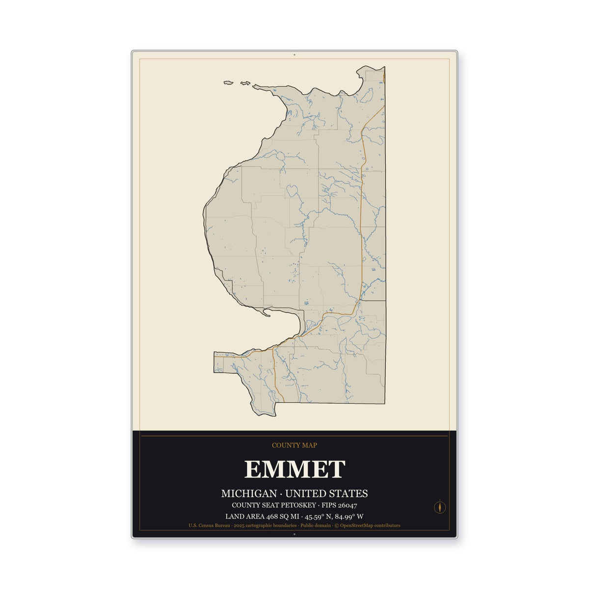 Emmet County, Michigan Map Aluminum Sign in Museum Plaque style