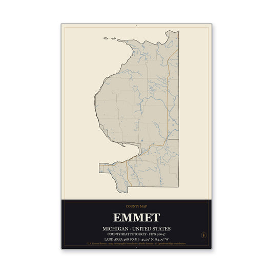 Emmet County, Michigan Map Aluminum Sign in Museum Plaque style