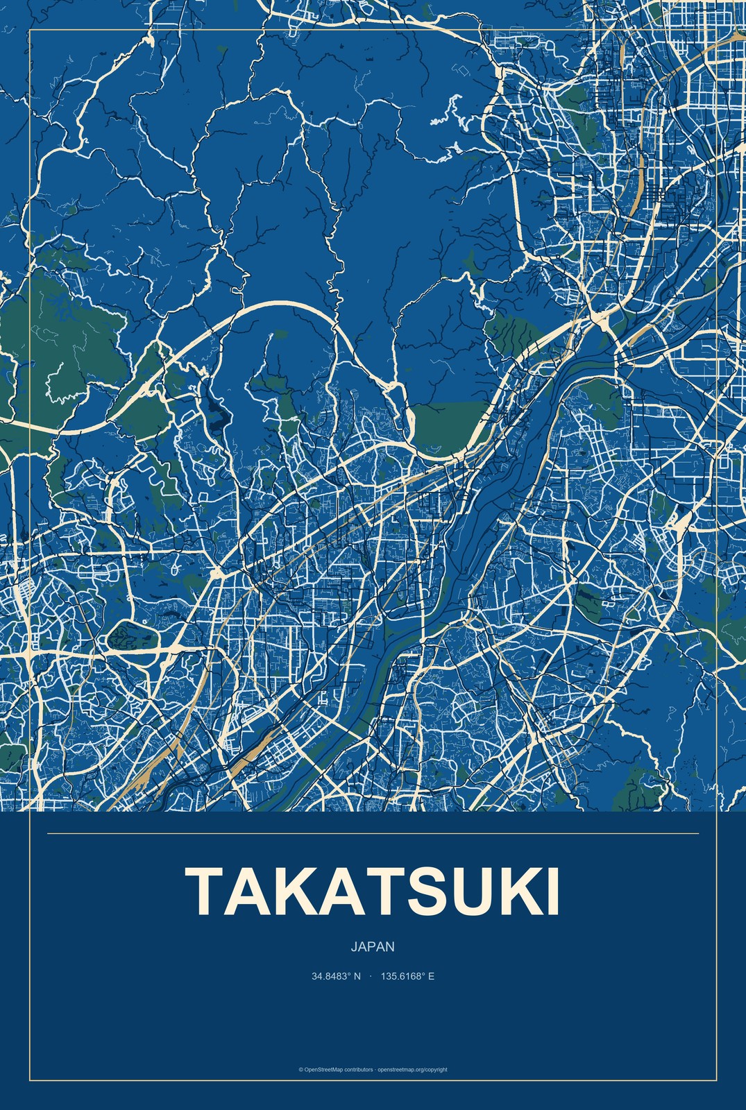 Takatsuki, Japan City Map Aluminum Sign in Harbor Cobalt style