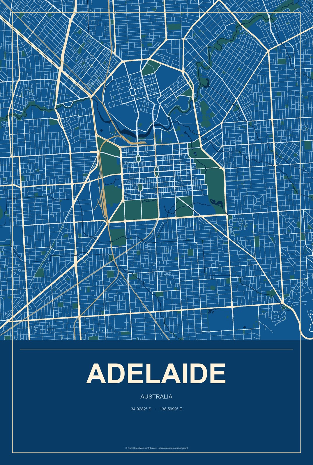 Adelaide, Australia City Map Aluminum Sign in Harbor Cobalt style