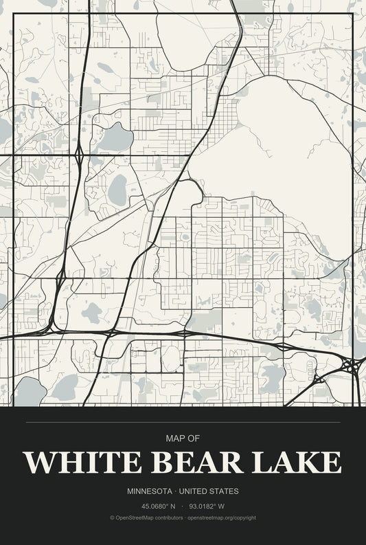 White Bear Lake, Minnesota City Map Aluminum Sign in Museum Plaque style