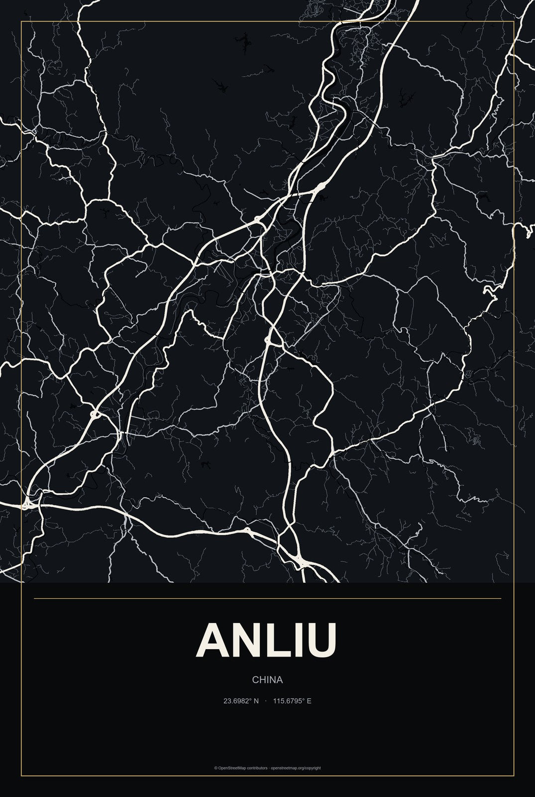Anliu, China City Map Aluminum Sign in Metropolitan Noir style