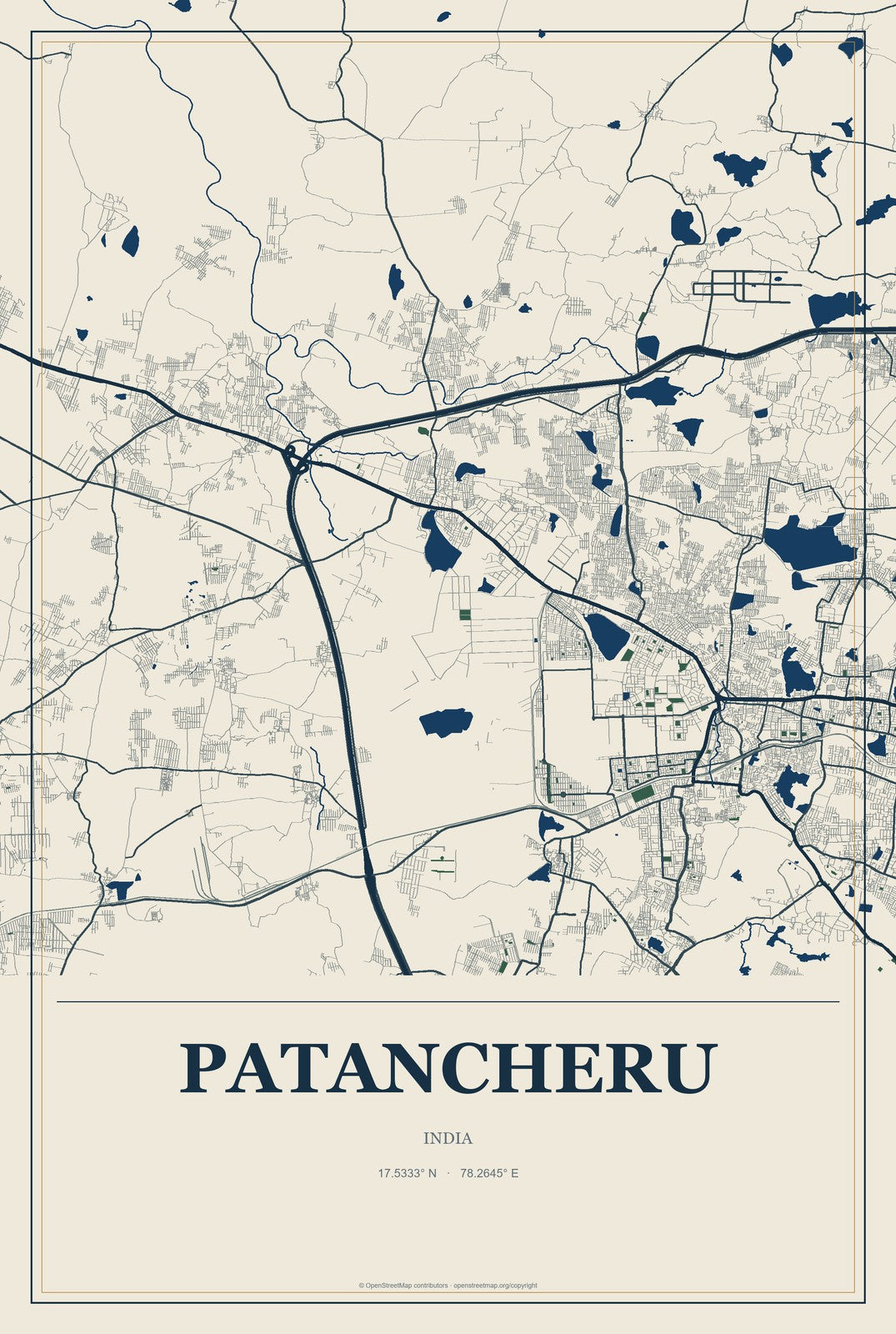 Patancheru, India City Map Aluminum Sign in Coastal Cutout style