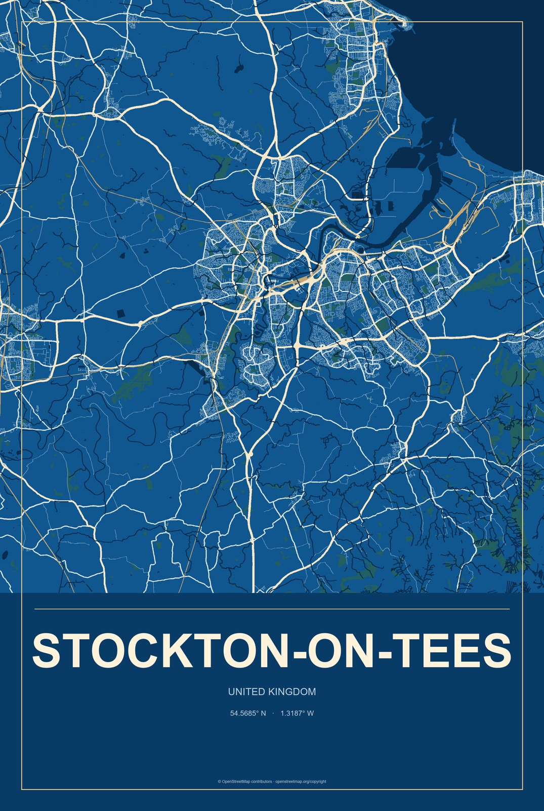 Stockton-on-Tees, United Kingdom City Map Aluminum Sign in Harbor Cobalt style