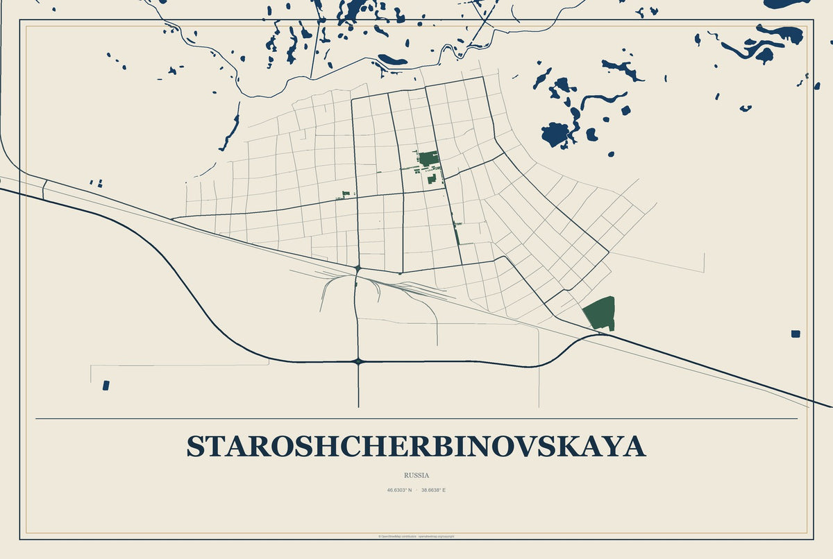 Staroshcherbinovskaya, Russia City Map Aluminum Sign in Coastal Cutout style