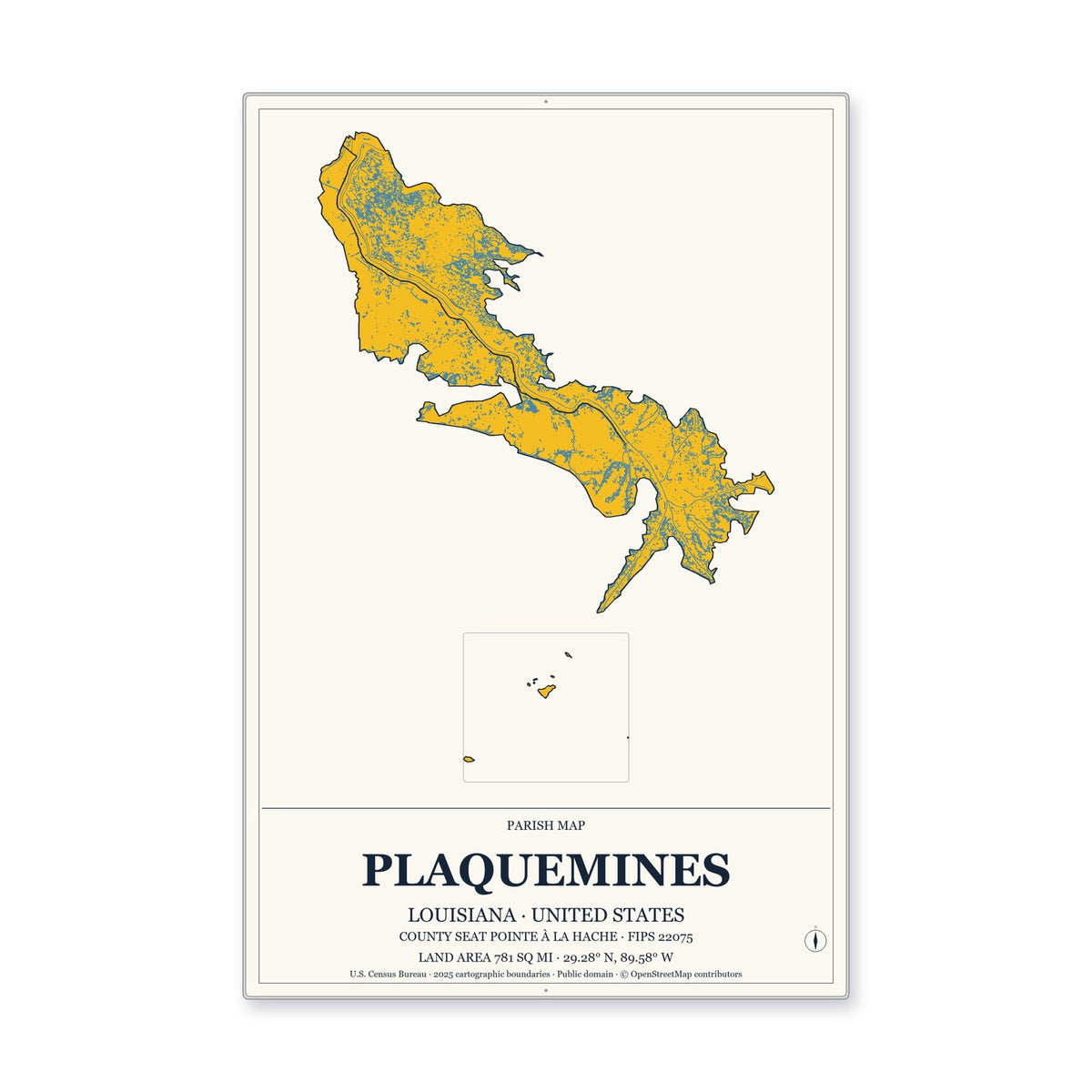 Plaquemines Parish, Louisiana Map Aluminum Sign in Citrine Modern style