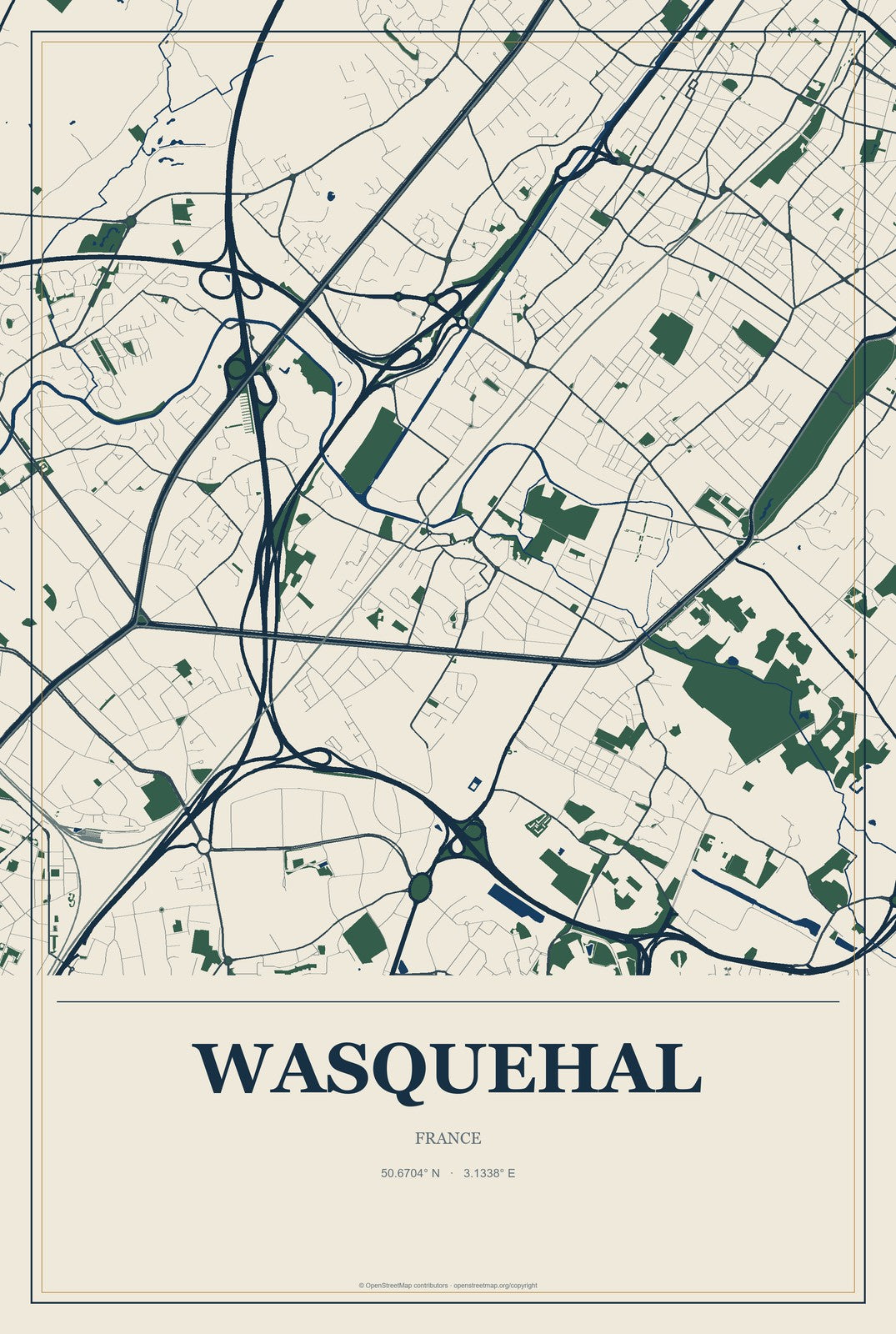Wasquehal, France City Map Aluminum Sign in Coastal Cutout style