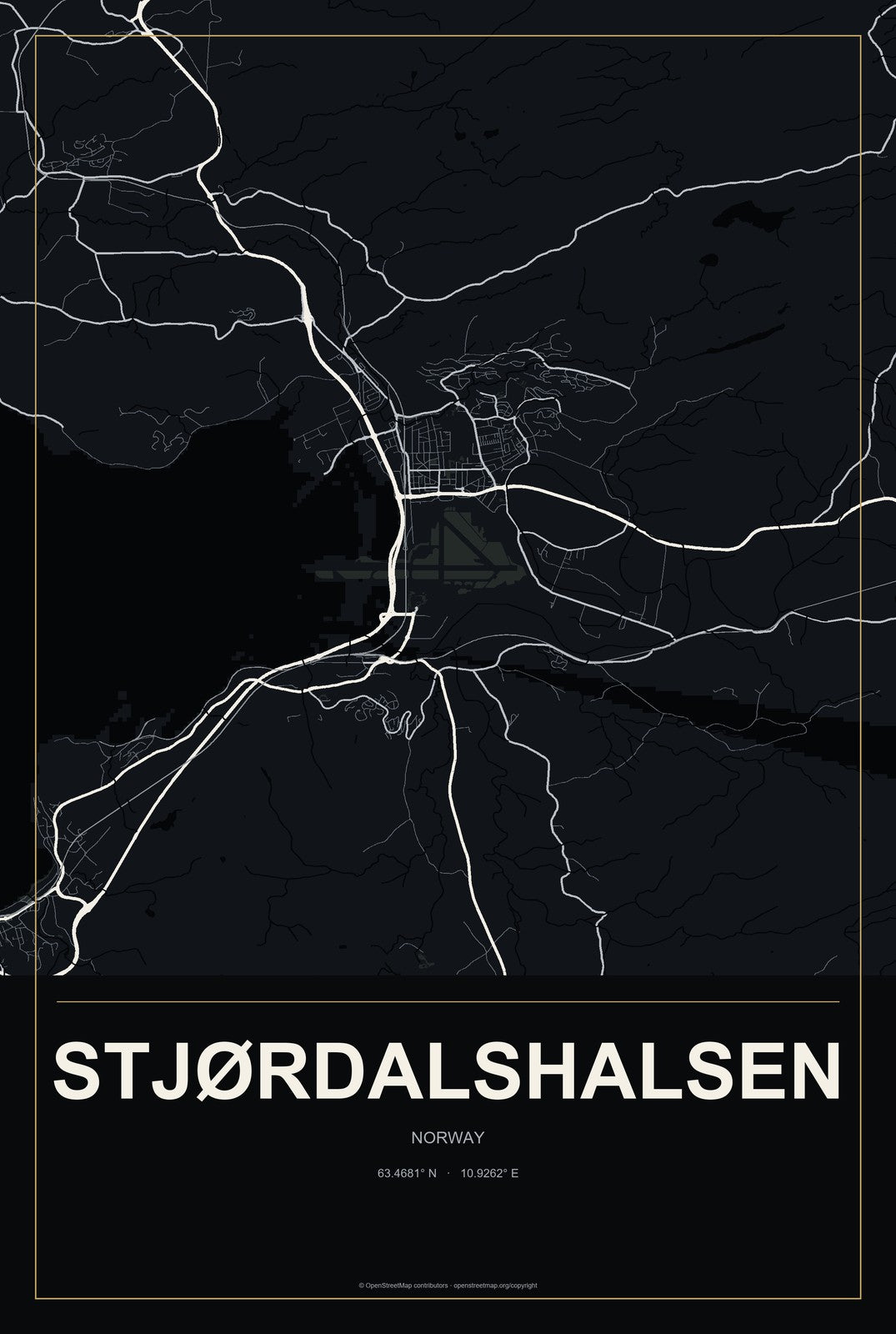Stjørdalshalsen, Norway City Map Aluminum Sign in Metropolitan Noir style