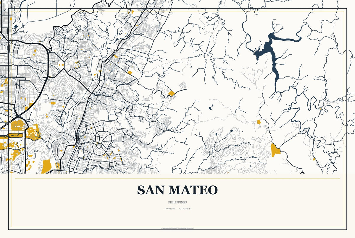 San Mateo, Calabarzon, Philippines City Map Aluminum Sign in Citrine Modern style