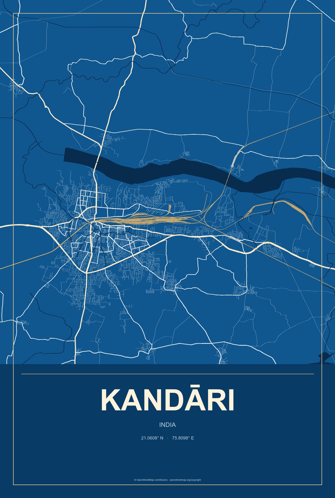 Kandāri, India City Map Aluminum Sign in Harbor Cobalt style