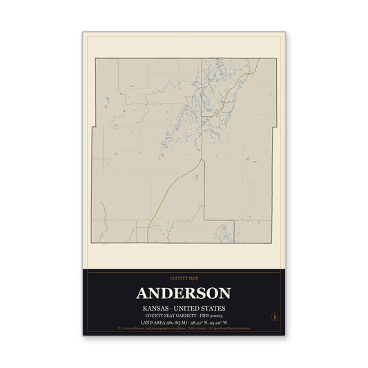 Anderson County, Kansas Map Aluminum Sign in Museum Plaque style