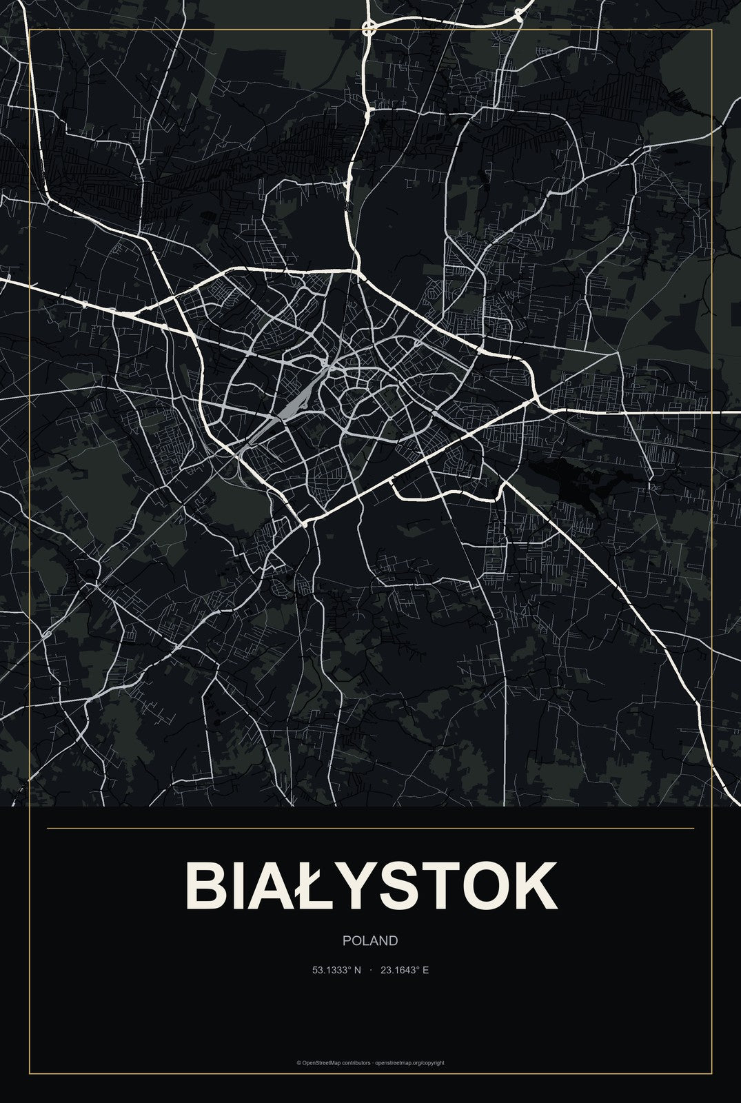 Białystok, Poland City Map Aluminum Sign in Metropolitan Noir style