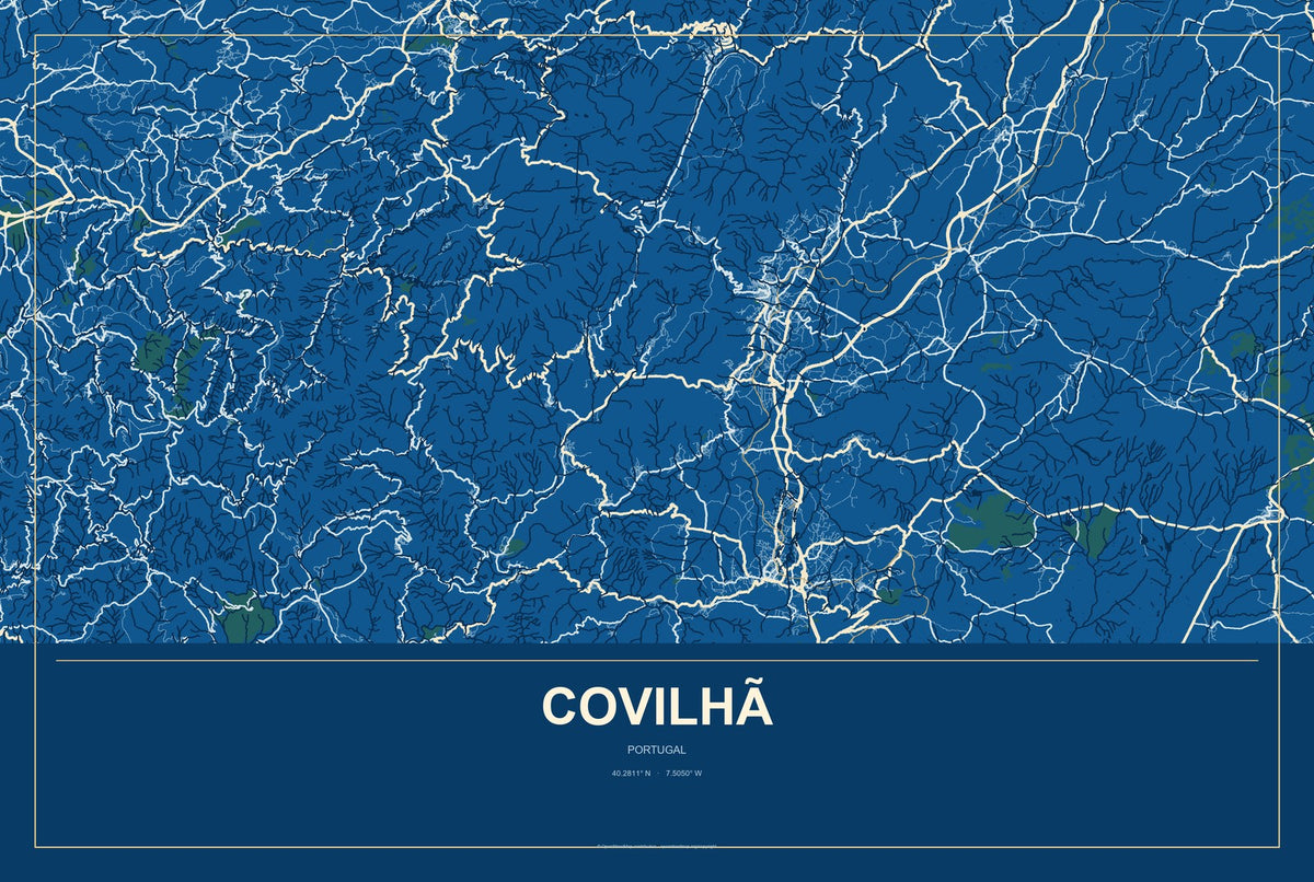 Covilhã, Portugal City Map Aluminum Sign in Harbor Cobalt style