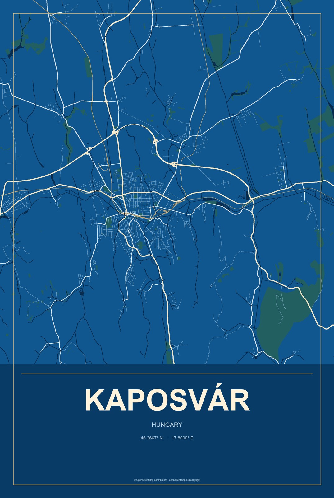 Kaposvár, Hungary City Map Aluminum Sign in Harbor Cobalt style