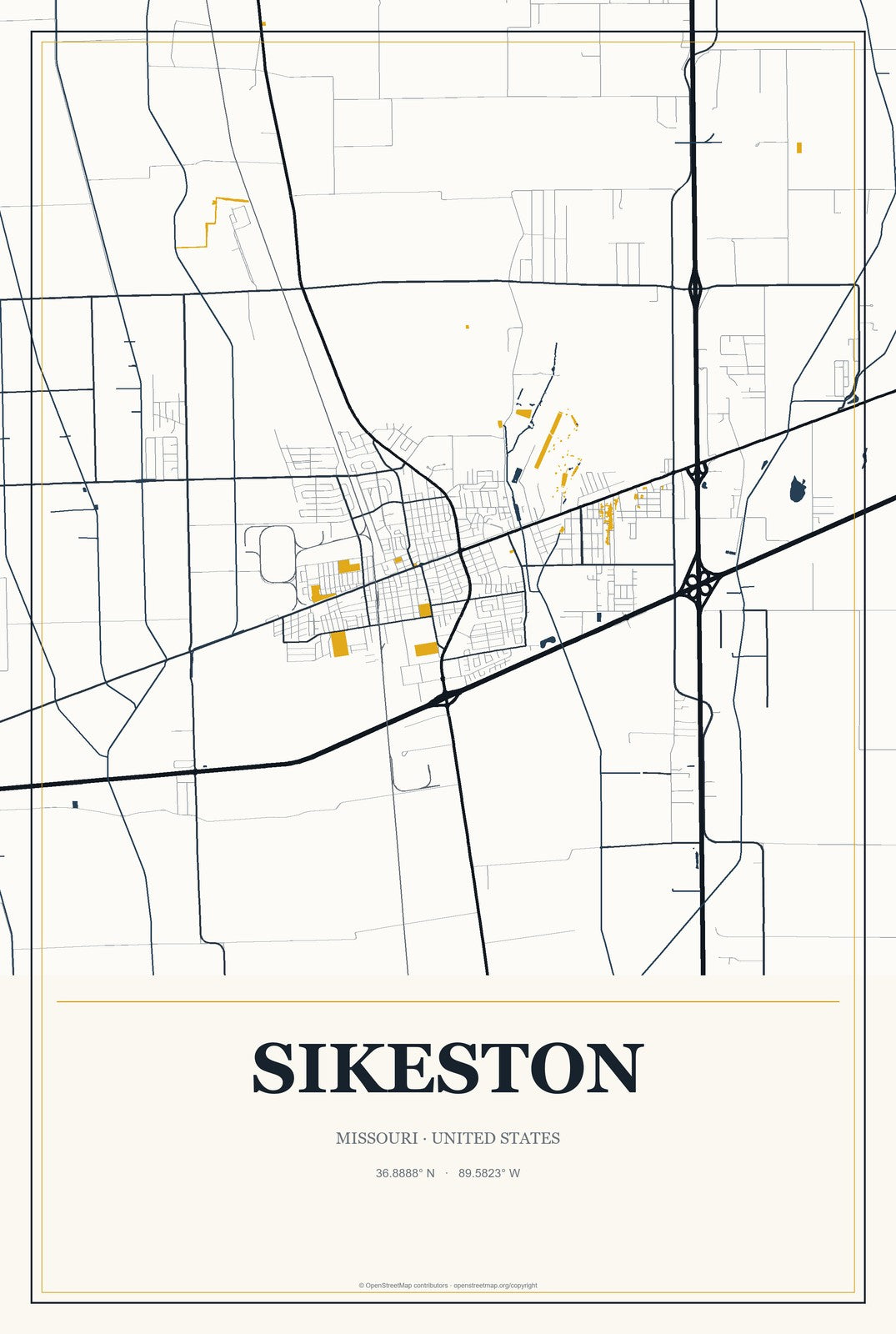 Sikeston, Missouri City Map Aluminum Sign in Citrine Modern style