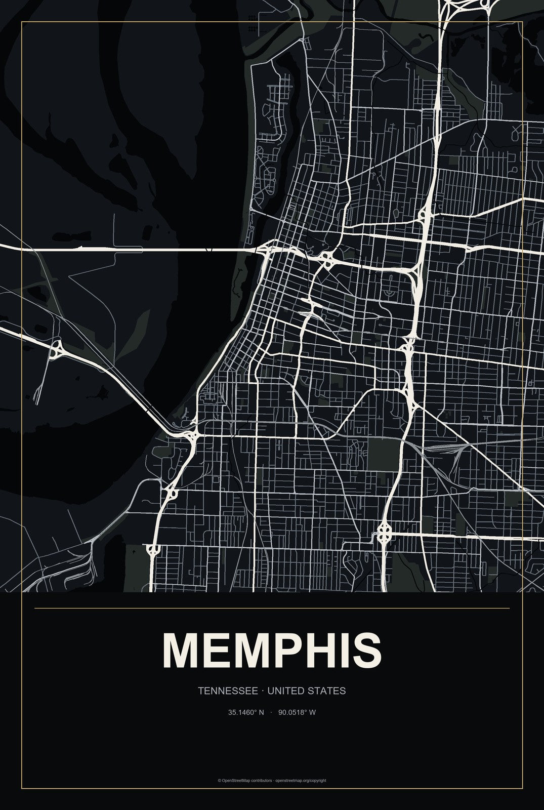 Memphis, Tennessee City Map Aluminum Sign in Metropolitan Noir style
