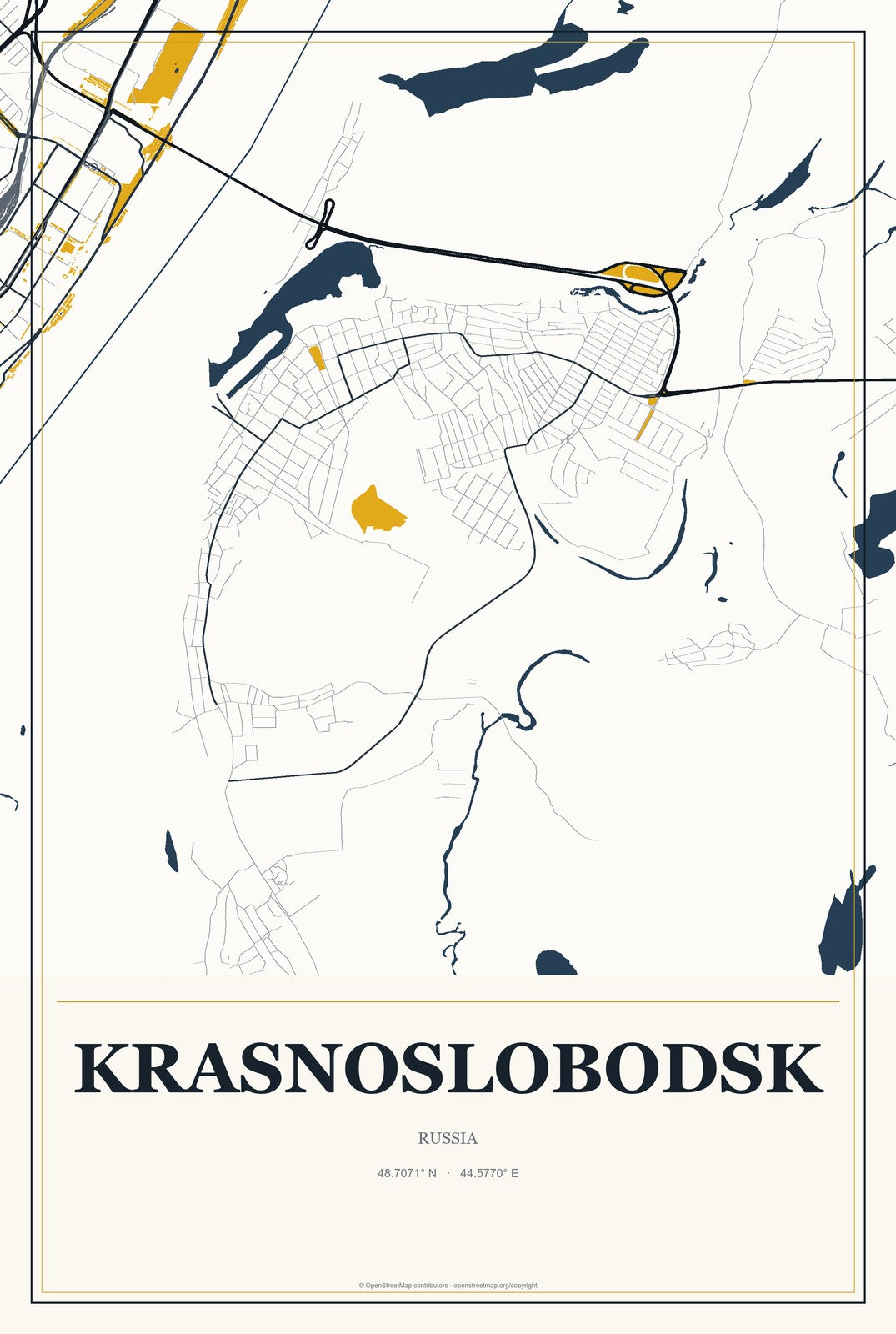 Krasnoslobodsk, Volgograd Oblast, Russia City Map Aluminum Sign in Citrine Modern style