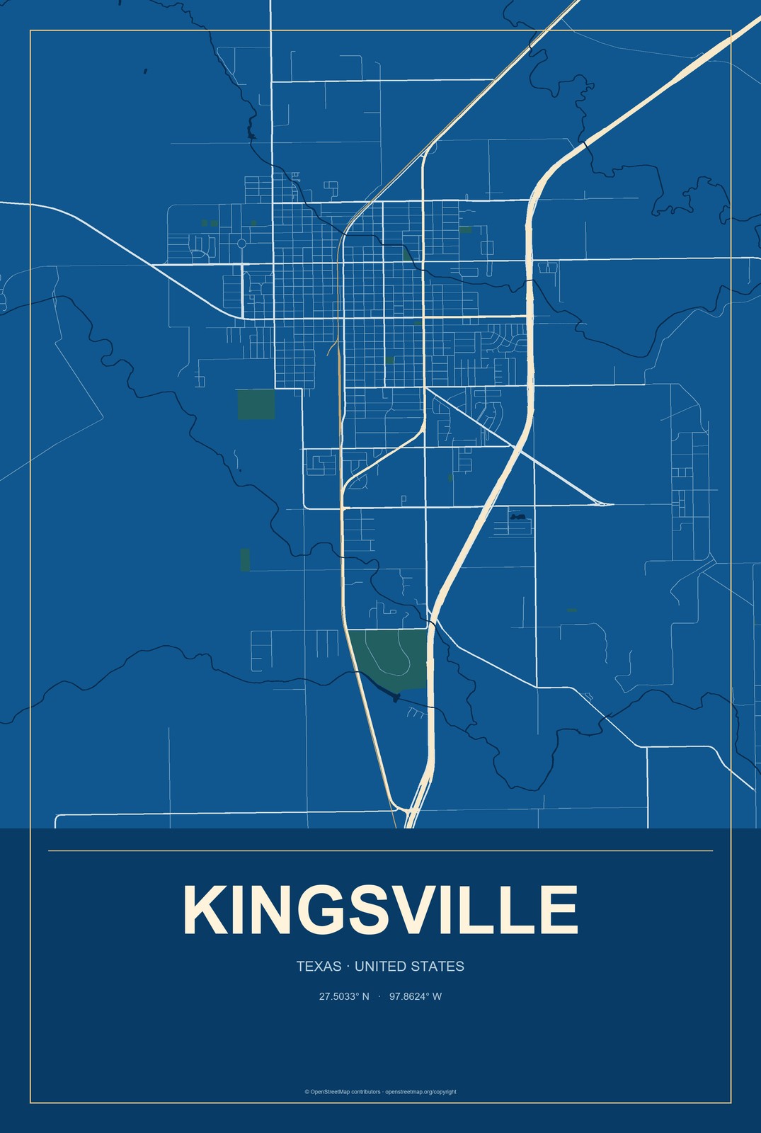 Kingsville, Texas City Map Aluminum Sign in Harbor Cobalt style