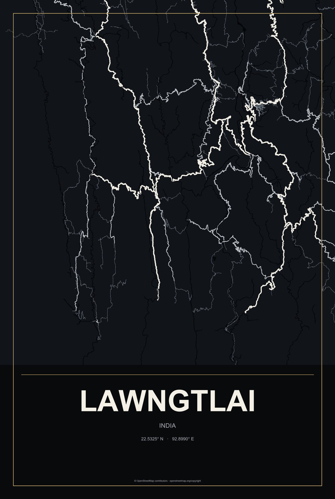Lawngtlai, India City Map Aluminum Sign in Metropolitan Noir style