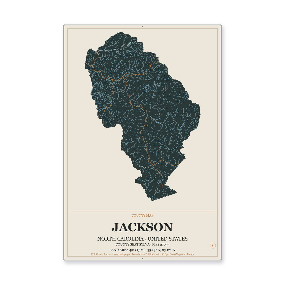 Jackson County, North Carolina Map Aluminum Sign in Headline Atlas style