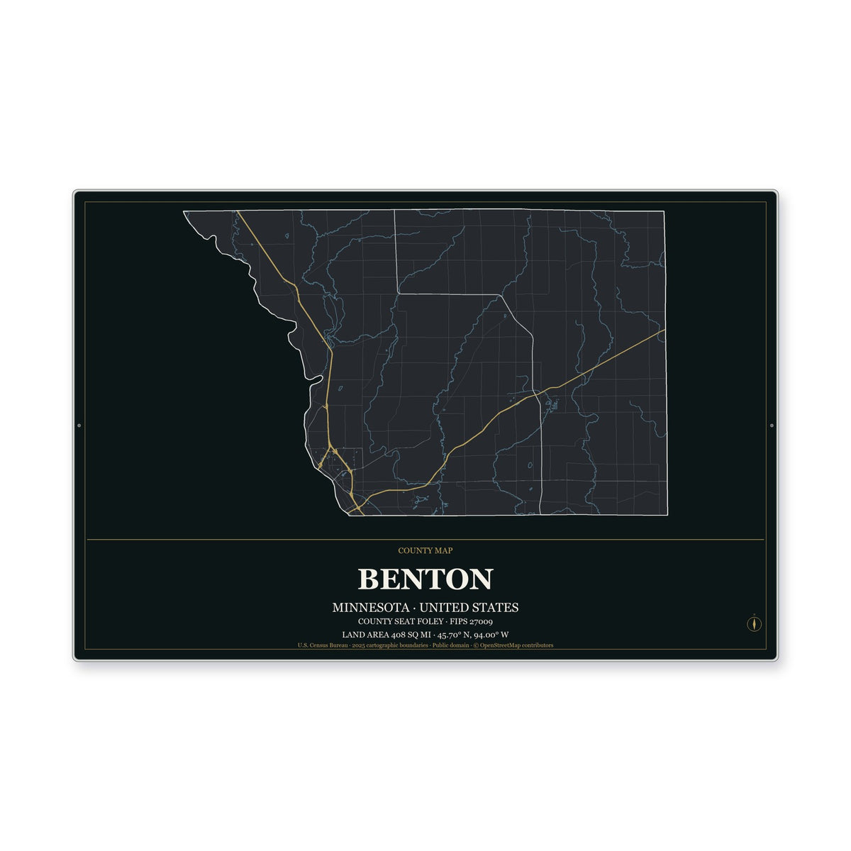Benton County, Minnesota Map Aluminum Sign in Metropolitan Noir style