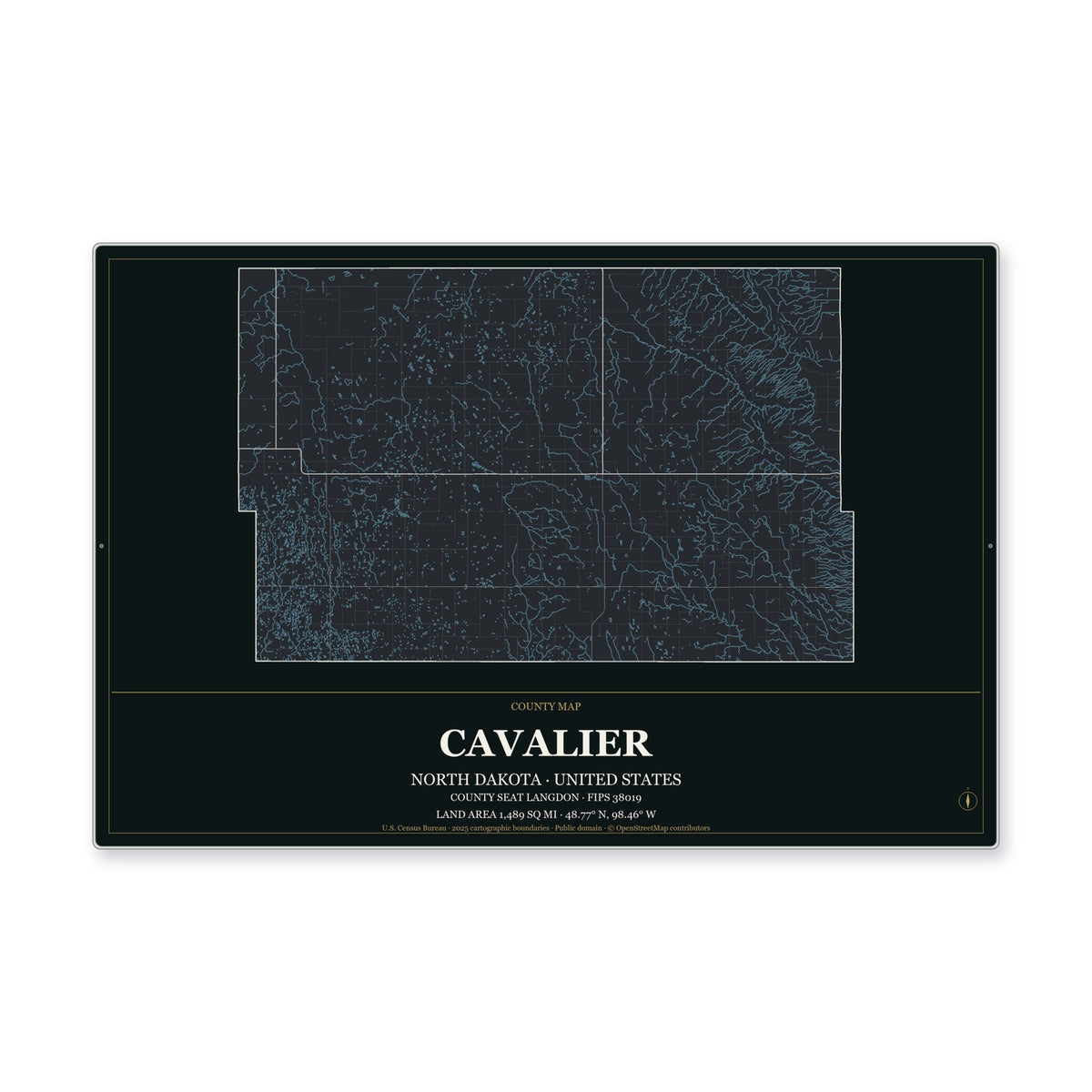 Cavalier County, North Dakota Map Aluminum Sign in Metropolitan Noir style