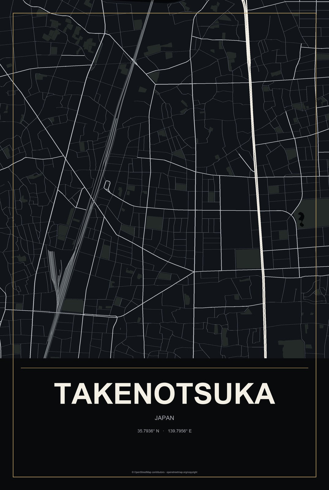 Takenotsuka, Japan City Map Aluminum Sign in Metropolitan Noir style