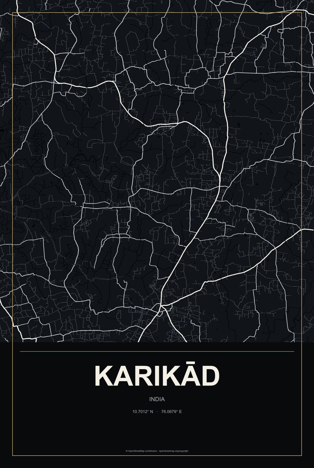 Karikād, India City Map Aluminum Sign in Metropolitan Noir style