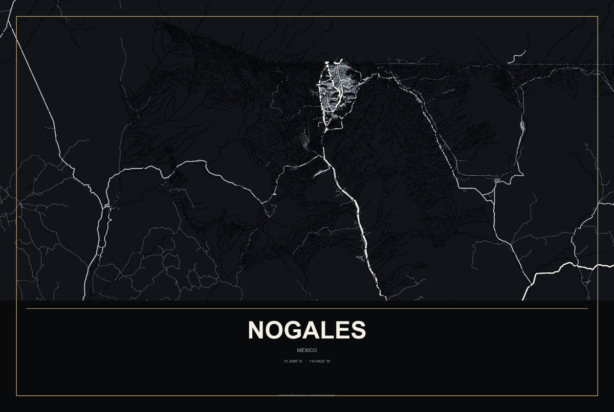 Nogales, Veracruz, Mexico City Map Aluminum Sign in Metropolitan Noir style
