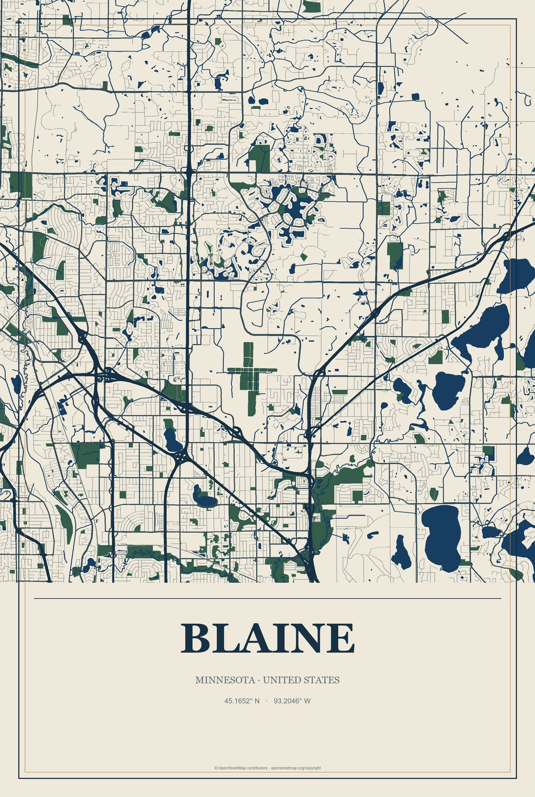 Blaine, Minnesota City Map Aluminum Sign in Coastal Cutout style