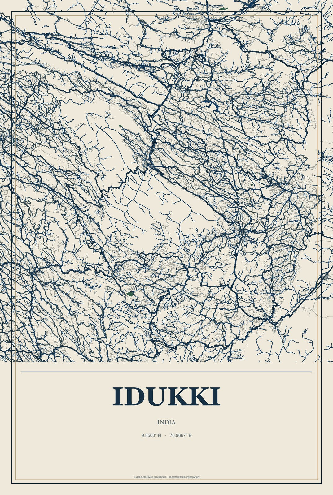 Idukki, India City Map Aluminum Sign in Coastal Cutout style