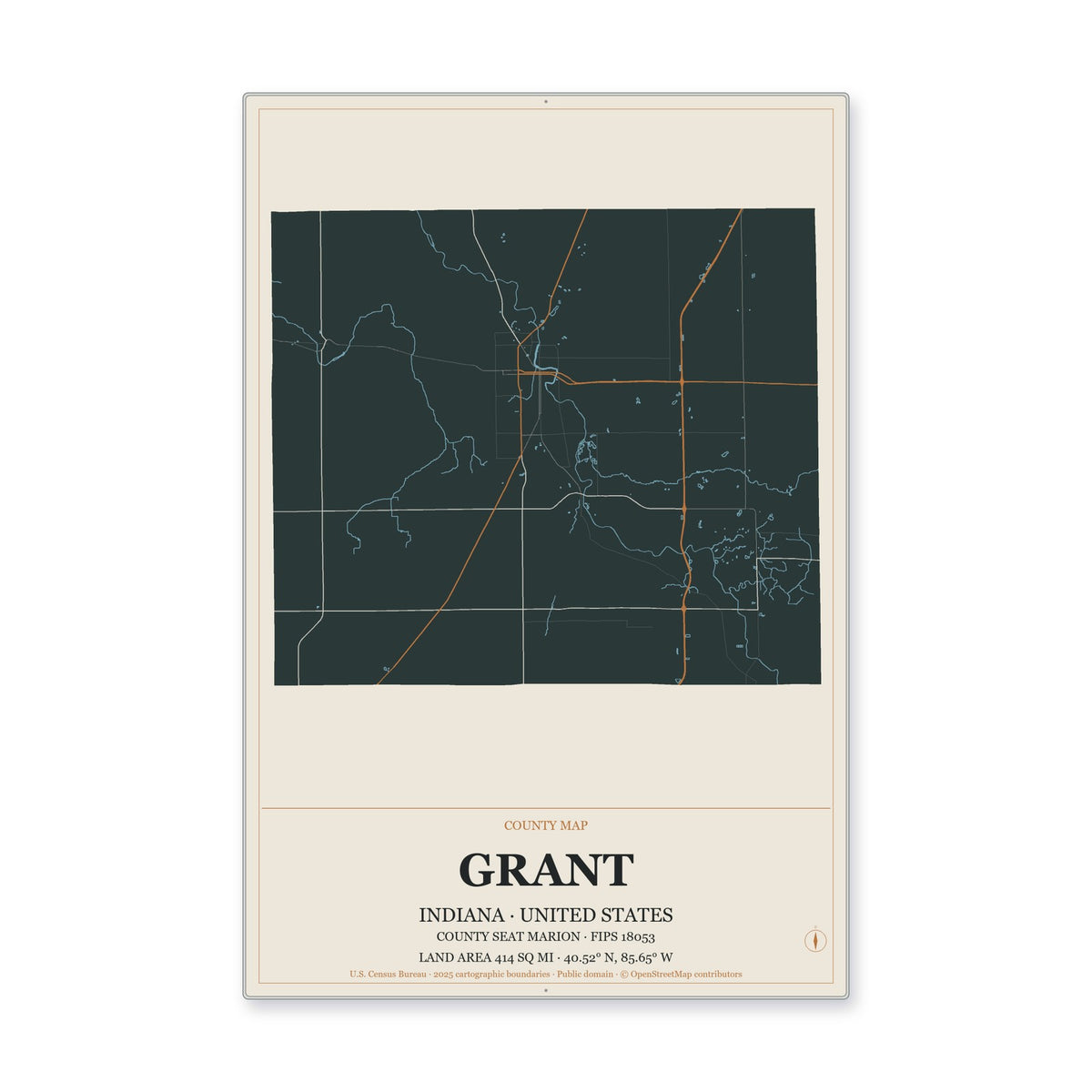 Grant County, Indiana Map Aluminum Sign in Headline Atlas style