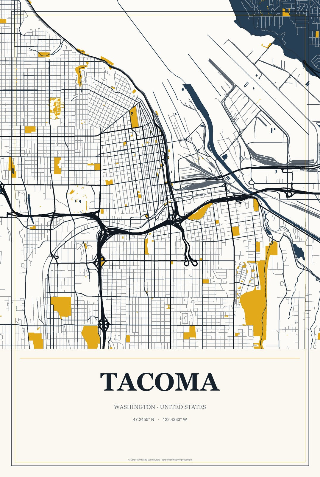 Tacoma, Washington City Map Aluminum Sign in Citrine Modern style