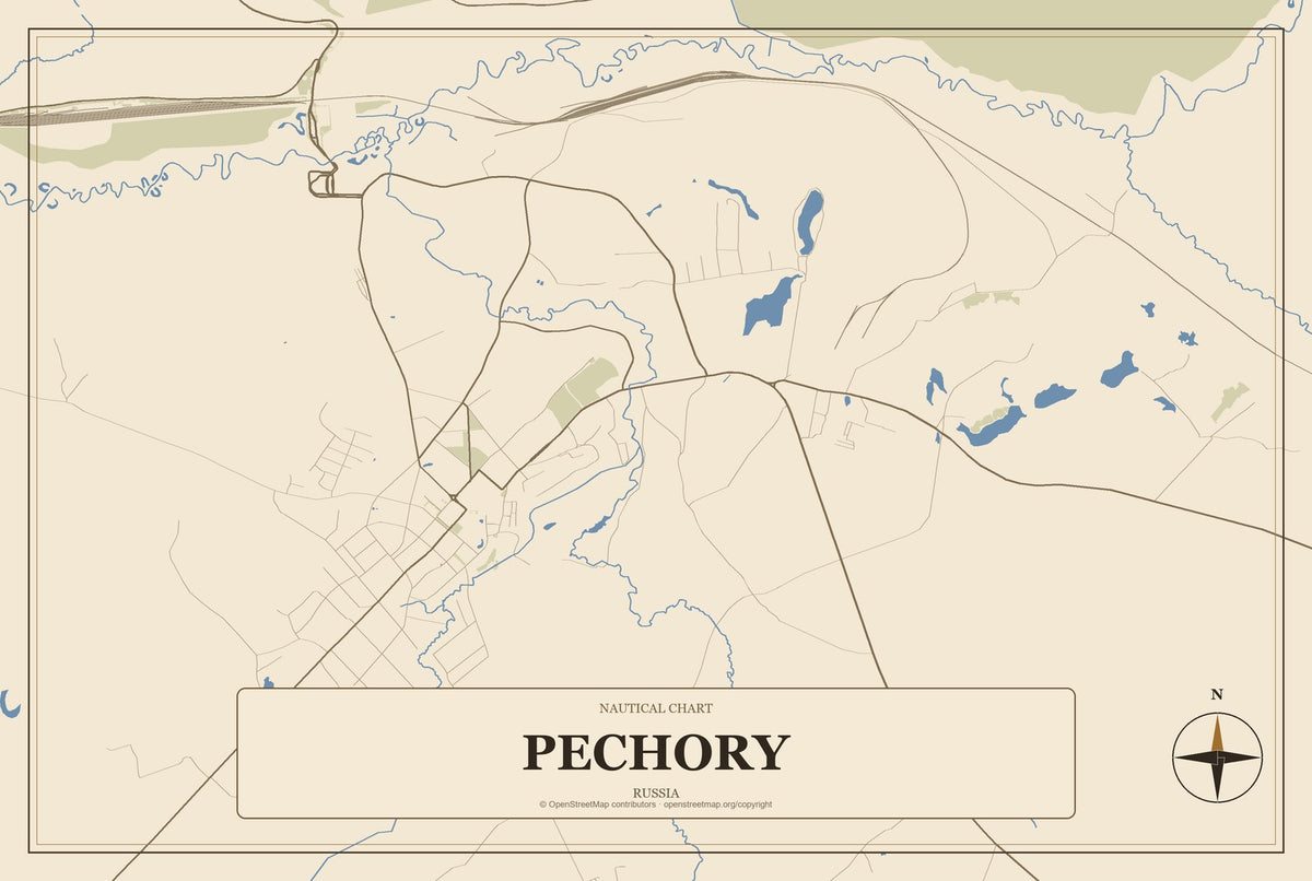 Pechory, Russia City Map Aluminum Sign in Heritage Nautical style