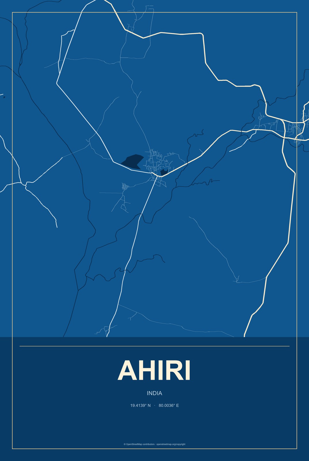 Ahiri, India City Map Aluminum Sign in Harbor Cobalt style