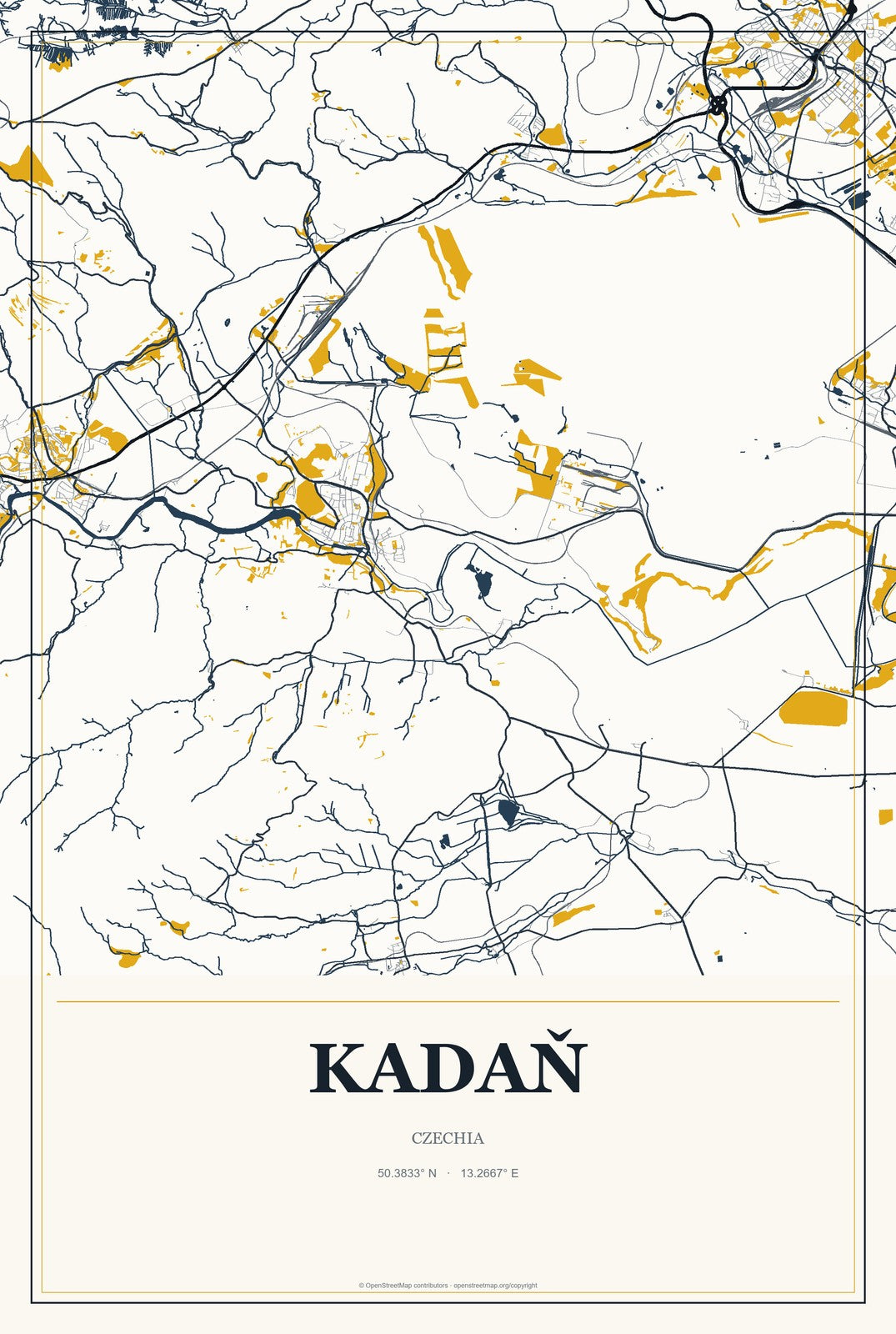 Kadaň, Czechia City Map Aluminum Sign in Citrine Modern style