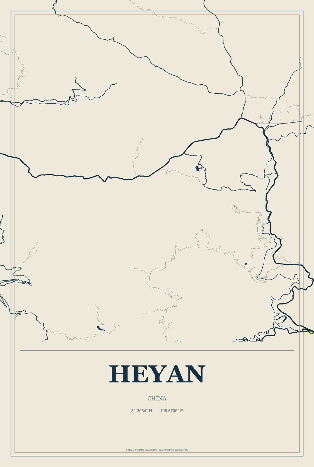 Heyan, China City Map Aluminum Sign in Coastal Cutout style