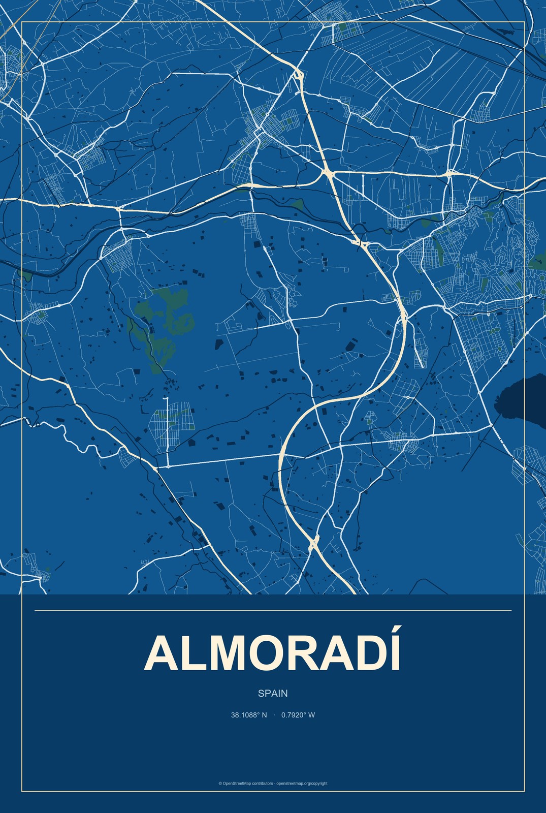 Almoradí, Spain City Map Aluminum Sign in Harbor Cobalt style