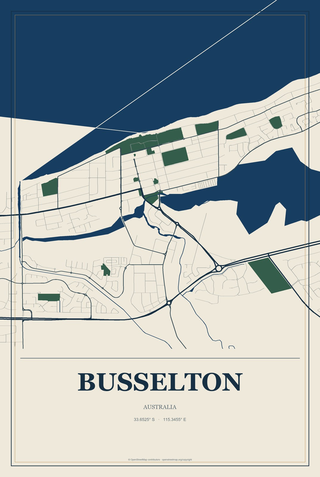 Busselton, Australia City Map Aluminum Sign in Coastal Cutout style