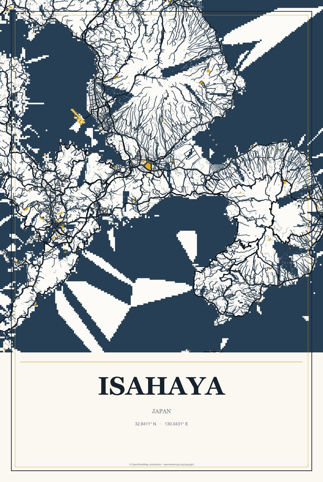 Isahaya, Japan City Map Aluminum Sign in Citrine Modern style