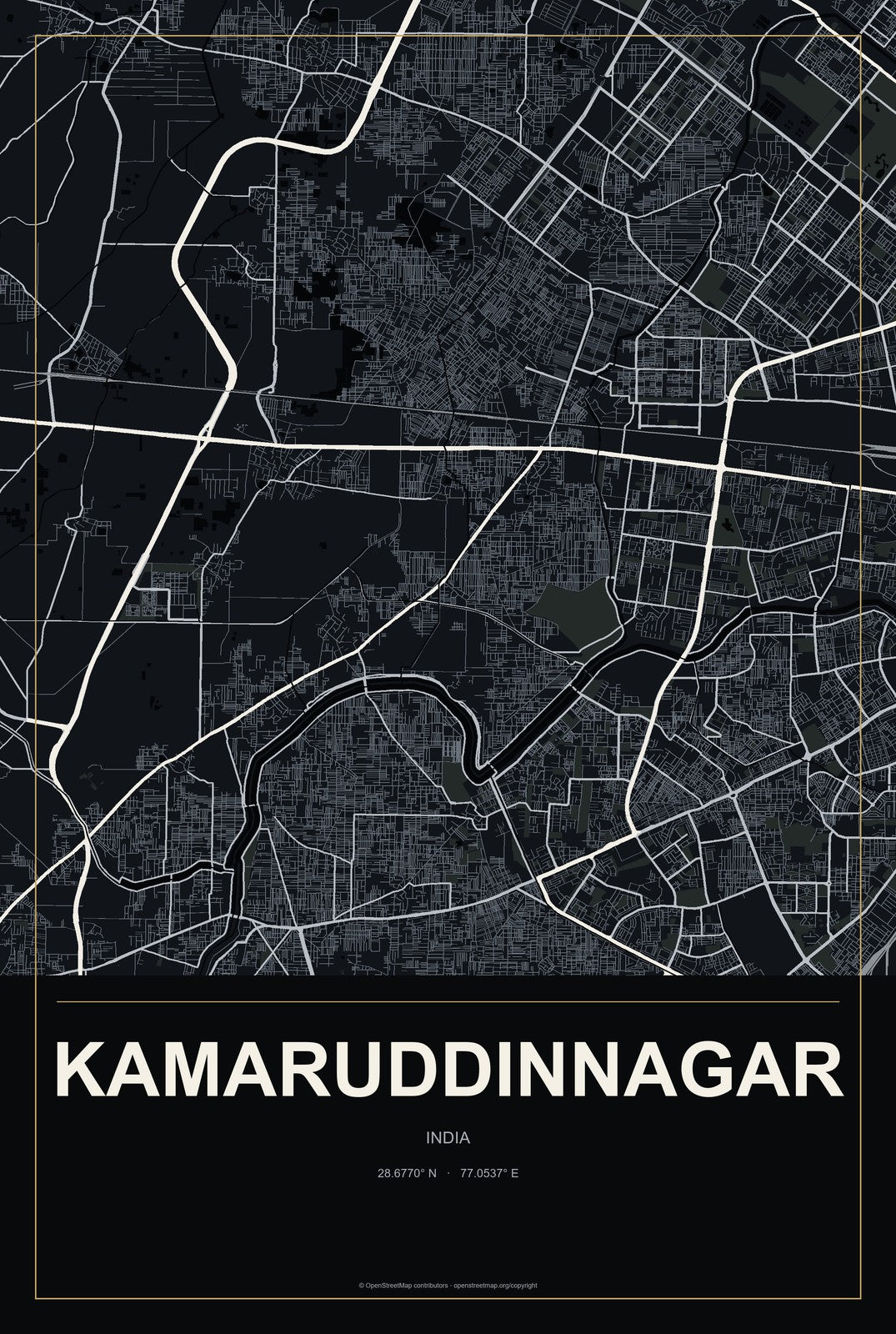 Kamaruddinnagar, India City Map Aluminum Sign in Metropolitan Noir style