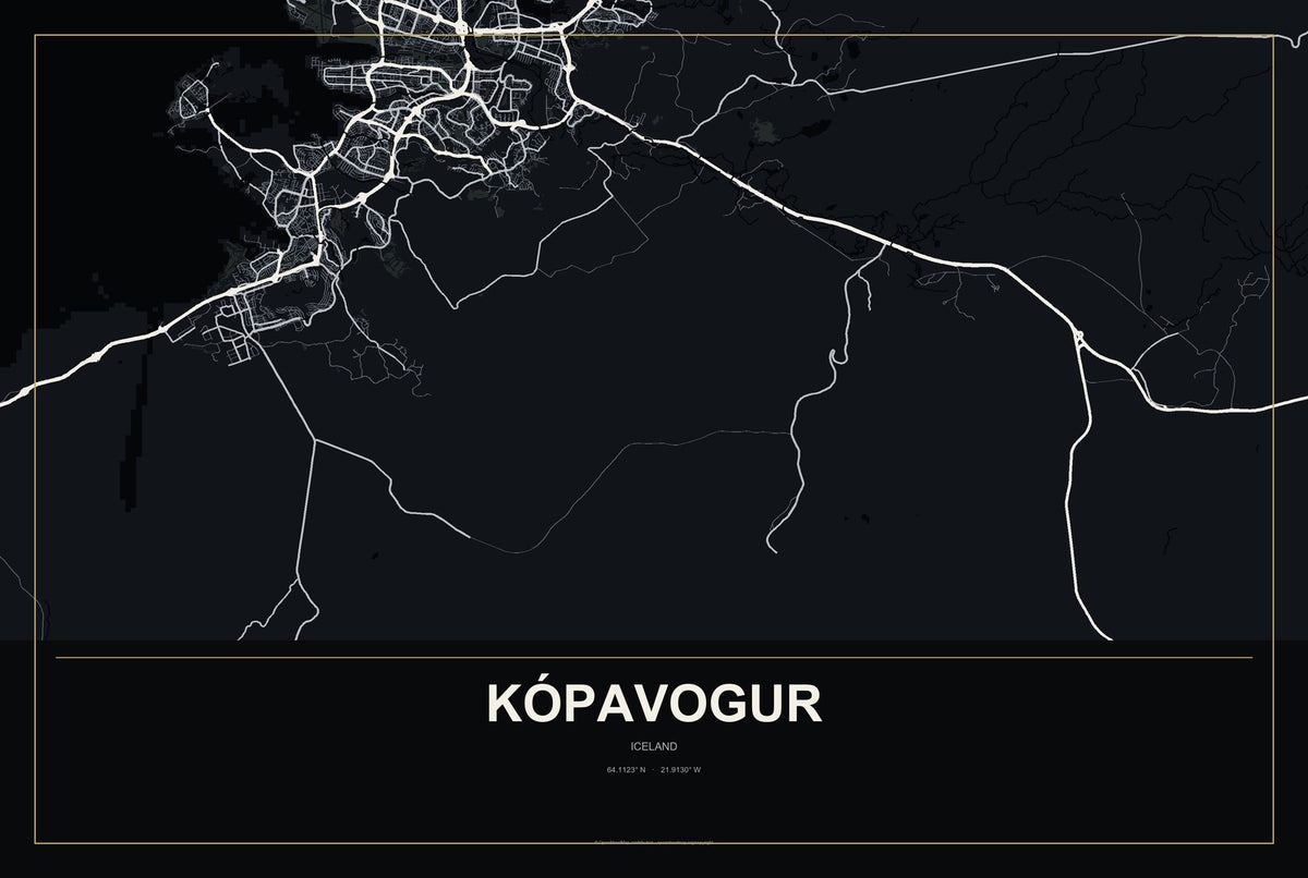 Kópavogur, Iceland City Map Aluminum Sign in Metropolitan Noir style