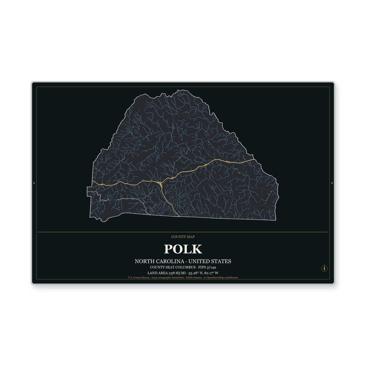 Polk County, North Carolina Map Aluminum Sign in Metropolitan Noir style