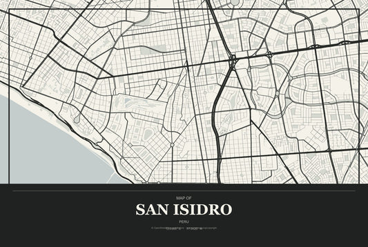 San Isidro, Peru City Map Aluminum Sign in Museum Plaque style