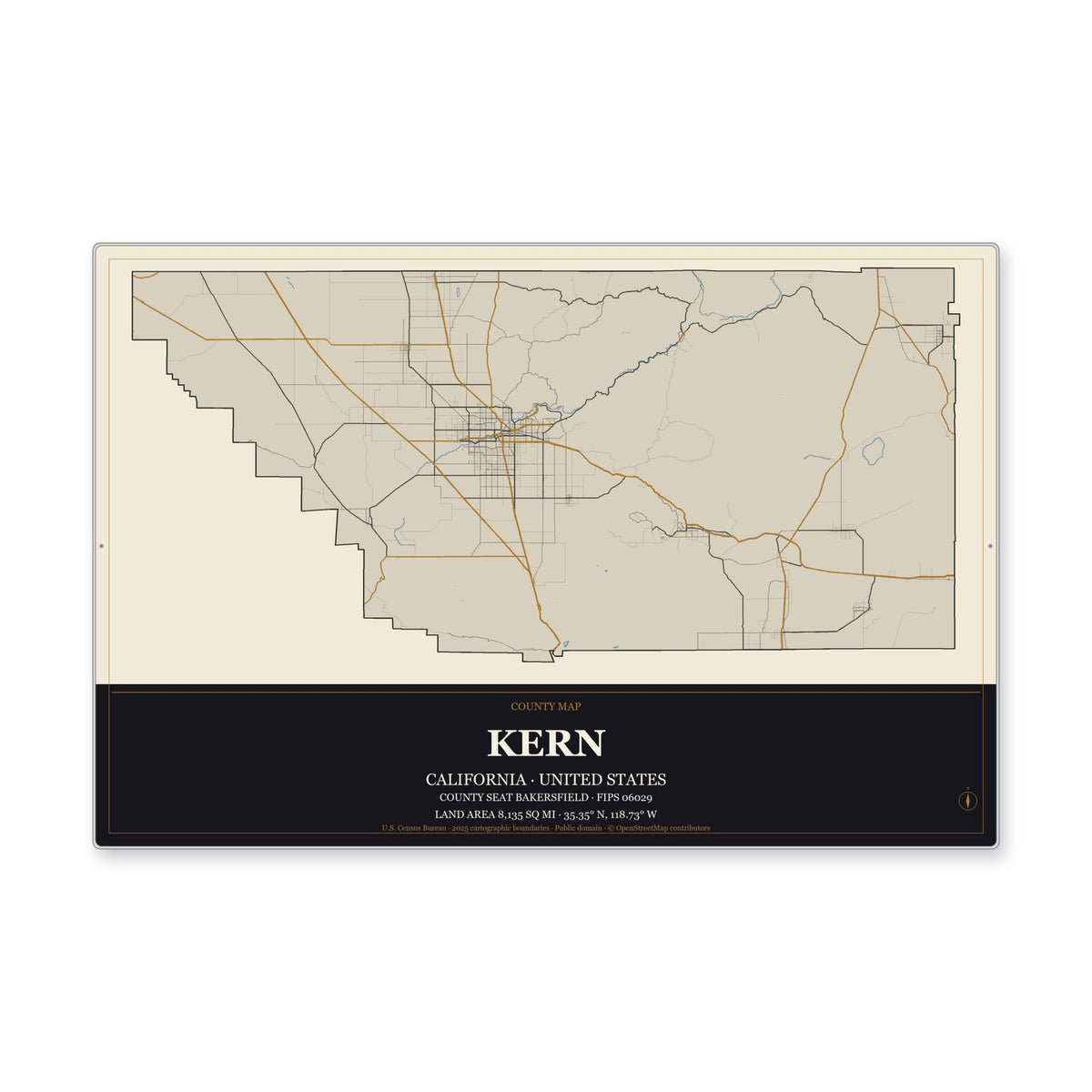 Kern County, California Map Aluminum Sign in Museum Plaque style