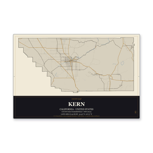 Kern County, California Map Aluminum Sign in Museum Plaque style