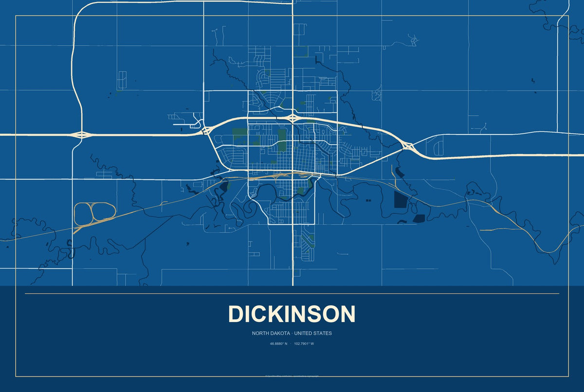 Dickinson, North Dakota City Map Aluminum Sign in Harbor Cobalt style
