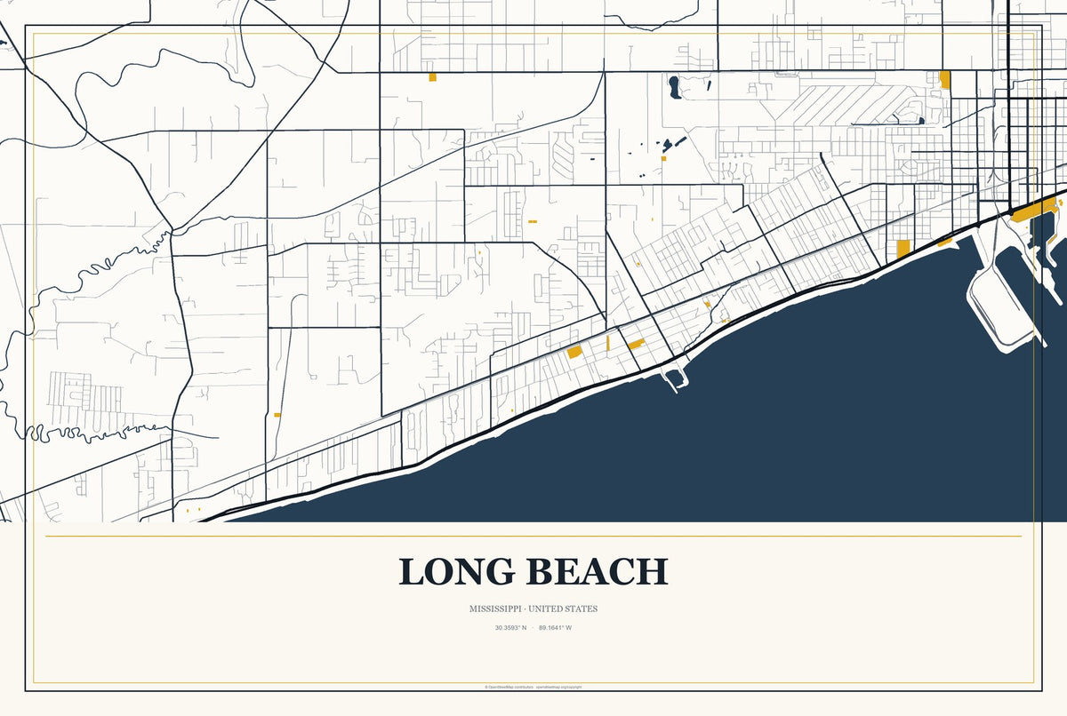 Long Beach, Mississippi City Map Aluminum Sign in Citrine Modern style